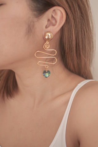 Green Curvy Crystal Heart Earrings - Sienna NZ