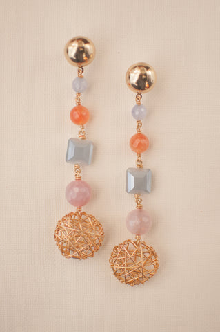 Round Agate Stone and Glass Bead Drop Earrings - Sienna NZ